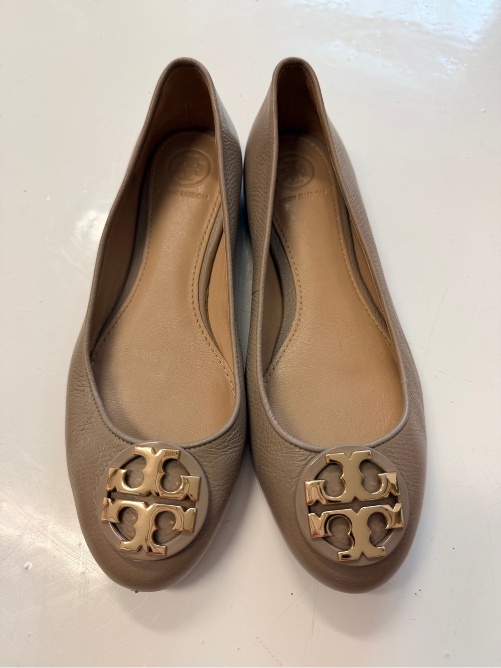 Tory Burch Taupe Leather Logo Ballet Flats with Gold Medallion - Picture 2 of 4